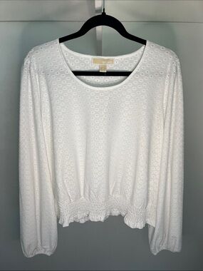 Michael Kors White Eyelet Long Sleeve Top with Smocked Hem